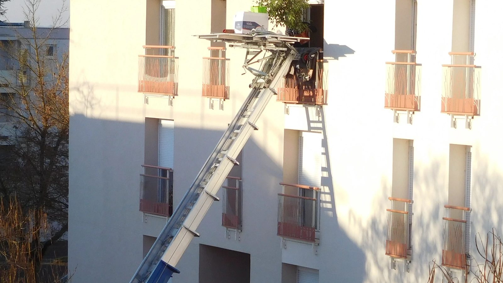 Schräg an eine helle Hausfassade gestellter Möbellift, dessen Plattform mit Karton und Topfpflanze an einem Fenster im oberen Stockwerk anliegt